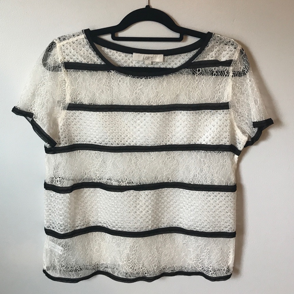 Ann Taylor | Sheer Striped Lace Black White Blouse - Picture 2 of 7
